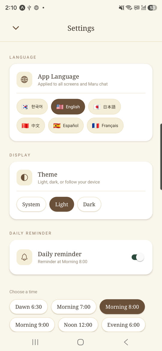 Settings — theme and language